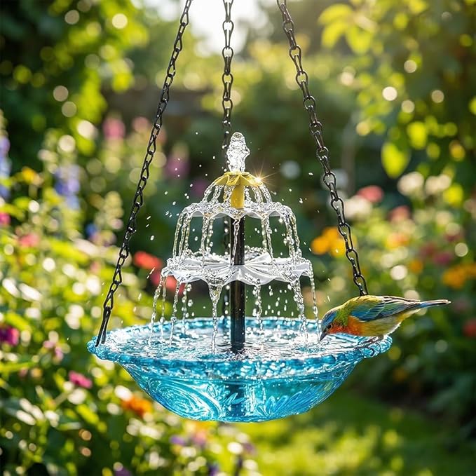 Solar Cascade Hanging Bird Bath Fountain,Solar Powered Cascade Hanging Bird Bath Fountain with Solars Pump,for Outdoor and Gardens (Blue)