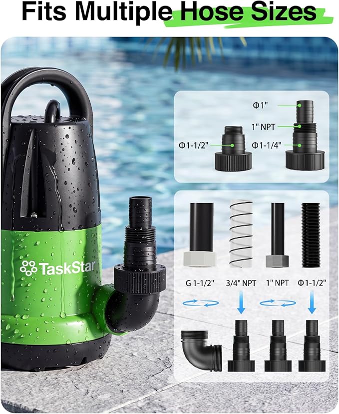 Taskstar 1 HP 4000GPH Automatic Submersible Water Pump for Pool Draining | Built-in Float Switch, Auto/Manual Modes, 25FT Cord Sump Pump for Swimming Pool, Flooded Basement, Hot Tub, Garden Pond