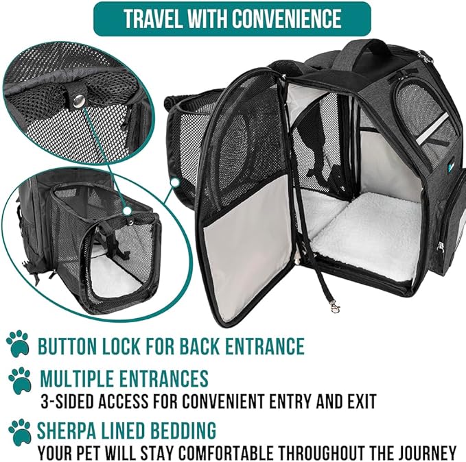 PetAmi Expandable Dog Backpack Carrier for Cats & Pets, Breathable Cat Carrier Backpack with Top Window & Multi-Entry, Ventilated Foldable Travel Carrier for Small Medium Pets up to 18 lbs, Dark Gray