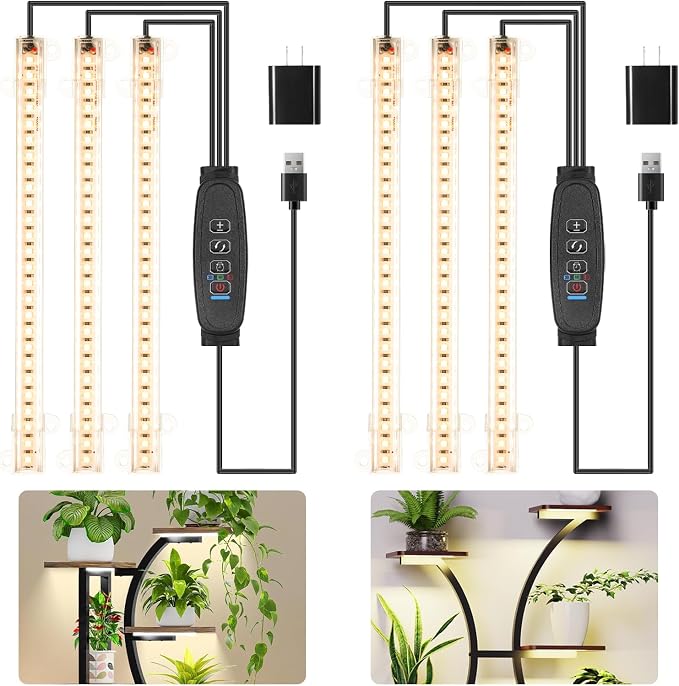 8.6'' LED Grow Light Strips, Full Spectrum 3500K Grow Lights for Indoor Plants, 3 Head with 3/9/12H Timer, 10 Dimmable Levels, Suitable for Seedling, Succulent, Plant Shelf and Greenhouse, 2-Pack