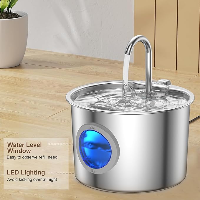 Cat Water Fountain Advanced 304 Stainless Steel 2.2L/74oz with Detachable Tank, Easy to Clean, Automatic Pet Fountain Quiet Cats Water Dispenser, Perfect for Indoor Cats Dogs