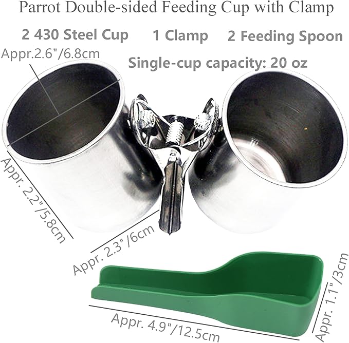 Parrot Feeding Cups Bird Feeding Double-Sided Cup with Clamp Holder Fit for Bird Wooden Perch