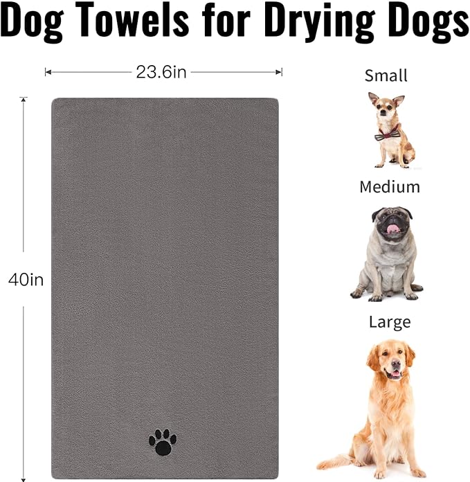Puomue 3 Pack Microfiber Dog Towels for Drying Dogs, Super Absorbent and Soft Pet Grooming Towel, 40 Inch X 23.6 Inch, Perfect Dog Drying Towels for Large, Medium or Small Dogs, Grey