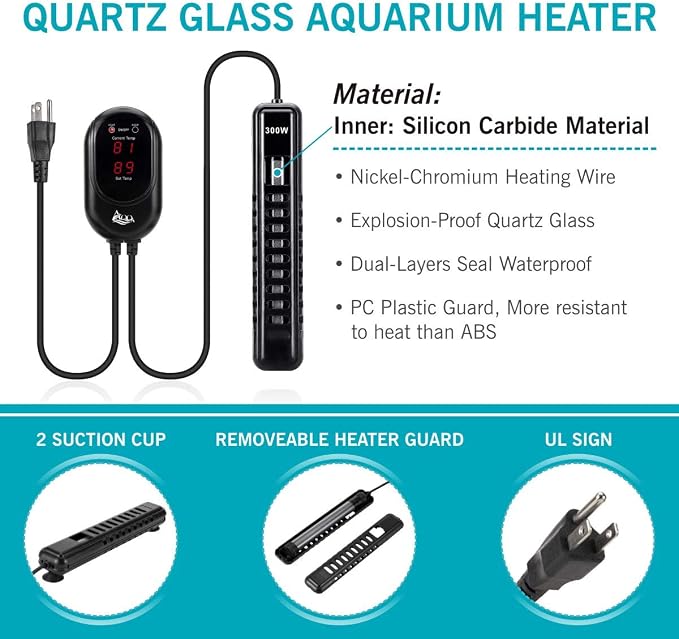 AQQA Aquarium Heater 300W for 80-95 Gallon Fish Tank Heater Aquarium Submersible Heater Betta Fish Heater Aquarium Thermostat Heater for Freshwater Saltwater Fish Tanks (300W for 80-95 Gal)
