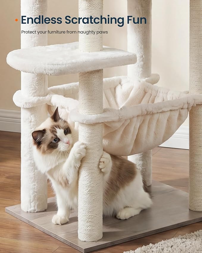 SONGMICS HOME Cat Tree Tower, Multi-Level Cat Condo with Hammock and Sisal Scratching Posts, Furniture for Indoor Large Cats, Greige