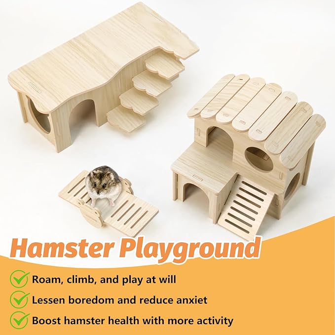BNOSDM Hamster Tunnel Hideout Set, Wooden Hamster House Toy with Slide & Seesaw, Small Animals Cage Accessories for Syrian Dwarf Hamsters, Gerbils