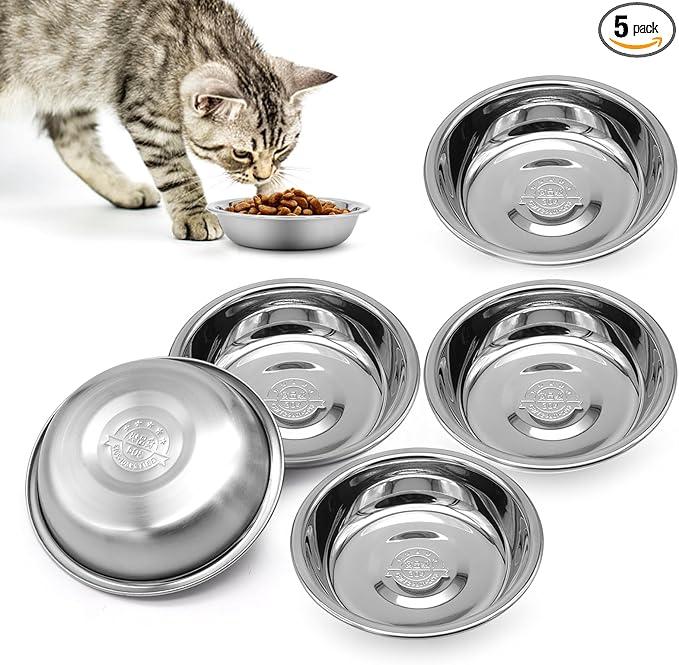Stainless Steel Cat Bowl-Shallow Wide Flat Cats Food Bowls,Metal Kitten Dishes Whisker Friendly Fatigue Relief,Replacement Basic Kitty Plates for Elevated Stand,Dishwasher Safe（Set of 5）