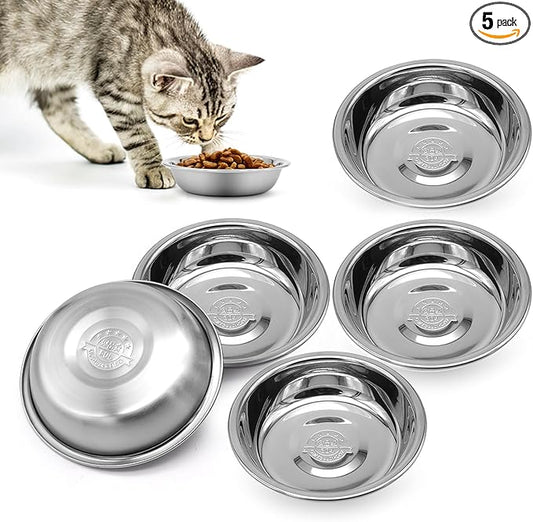 Stainless Steel Cat Bowl-Shallow Wide Flat Cats Food Bowls,Metal Kitten Dishes Whisker Friendly Fatigue Relief,Replacement Basic Kitty Plates for Elevated Stand,Dishwasher Safe（Set of 5）