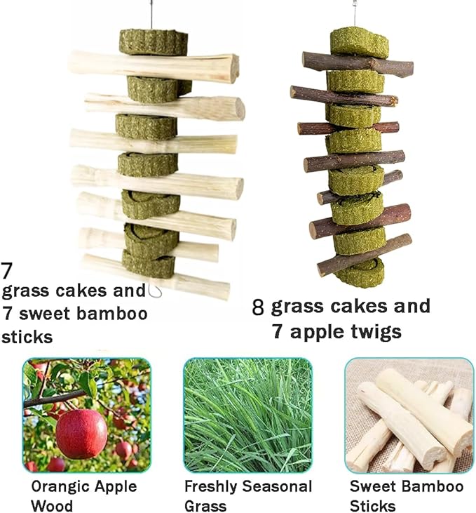 MANON ROSA 2 Pcs Natural Bunny Chew Toys for Dental Health - Apple Wood Bamboo Timothy Grass Sticks Grinding Treats for Rabbits Guinea Pigs Chinchillas Hamsters (Apple Wood)