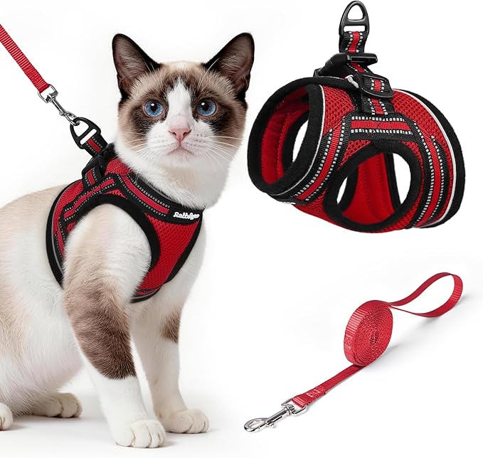 rabbitgoo Cat Harness and Leash Set for Walking Escape Proof, Adjustable Soft Kittens Vest with Reflective Strip for Cats, Comfortable Outdoor Vest, Red, L