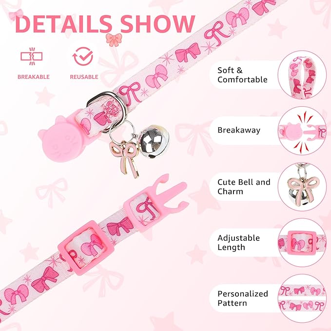 SCENEREAL Breakaway Cat Collar with Bell, 3 Pack Adjustable Safety Pink Cat Collar for Boy and Girl Cats, Cute Kitten Collar for Kitty Puppy Small Pets, Bow & Plaid & Heart