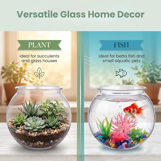 1 Gallon Clear Plastic Fish Bowl Set, Shatterproof Round Aquarium with Colorful Pebbles, 3 Artificial Plants and PVC Coral, Small Betta Fish Tank for Desk, Shelf, Home Decoration