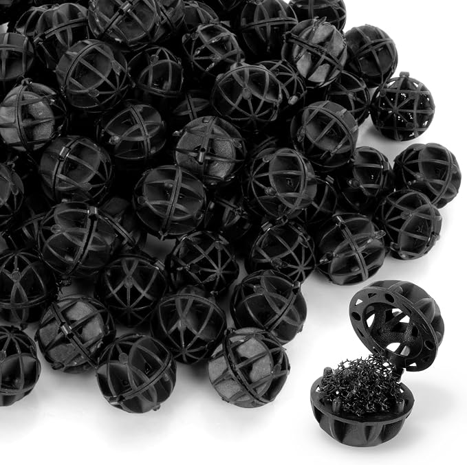 RAINFLOW 100 Pcs Aquarium Bio Balls - Black Sump Filter Media with Sponge | Biological Filtration Balls for Koi Pond Fish Tank Canister Air Pump, Pond Media for Outdoor Waterfall Filters with Mesh Bag