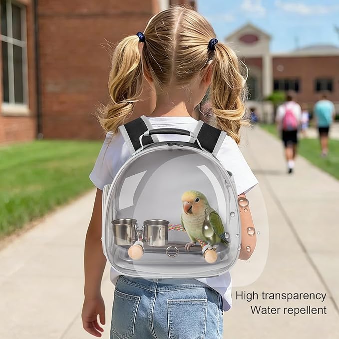 Bird Travel Carrier Backpack, Metal Tray and Clamp Cups Bundle, Clear Bubble Window Space Capsule Astronaut Liked Vet Carry Book Bag to Carry and Transport Parakeet Parrot (Black, Metal Tray + Cups)