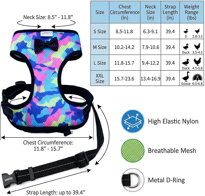 Premium Adjustable Chicken Harness with Camouflage Design & Comfortable Breathable Fabric - Includes Resilient 5.4ft Matching Leash for Secure Outings (Medium, Camouflage Pink)
