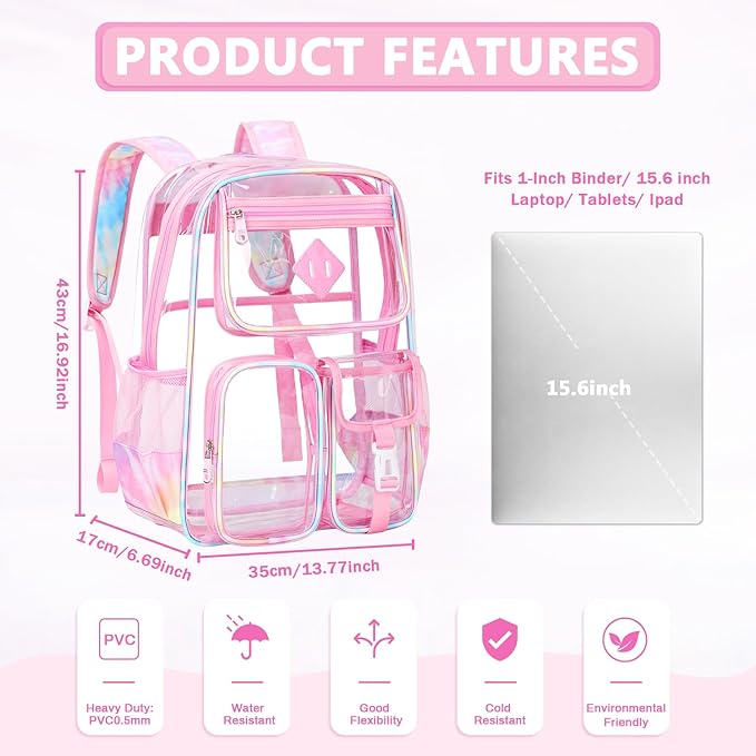 PIG PIG GIRL Clear Backpack for School,Heavy Duty PVC Transparent Bookbag for Girls Stadium Approved See Through Backpack