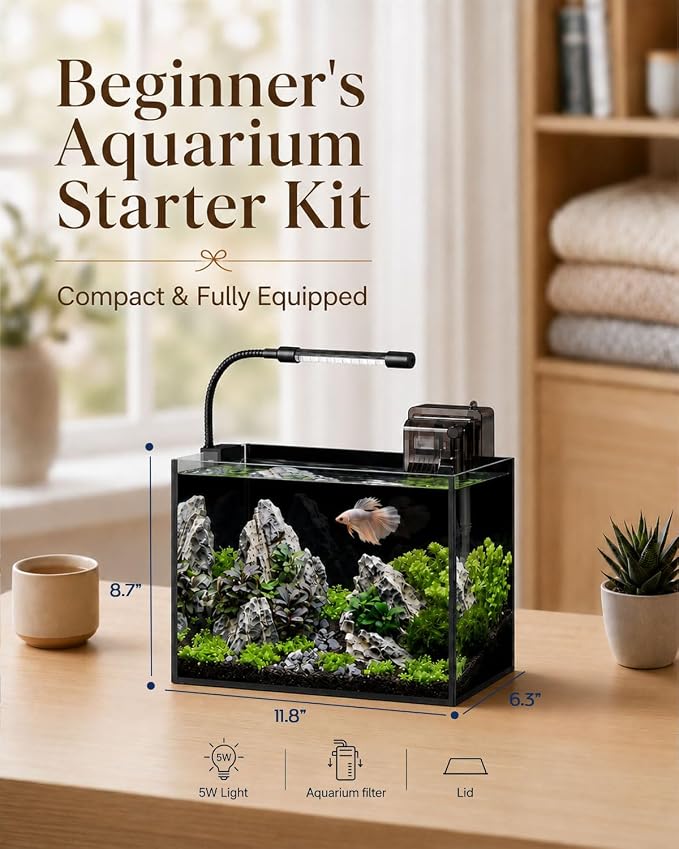 2.5 Gallon Nano Aquarium Starter Kit, Rimless Glass Fish Tank Kit | Leak-Proof Aquarium Kit with Filter, Adjustable LED Light, Lid & Mat for Betta, Goldfish, Small Fish or Shrimg