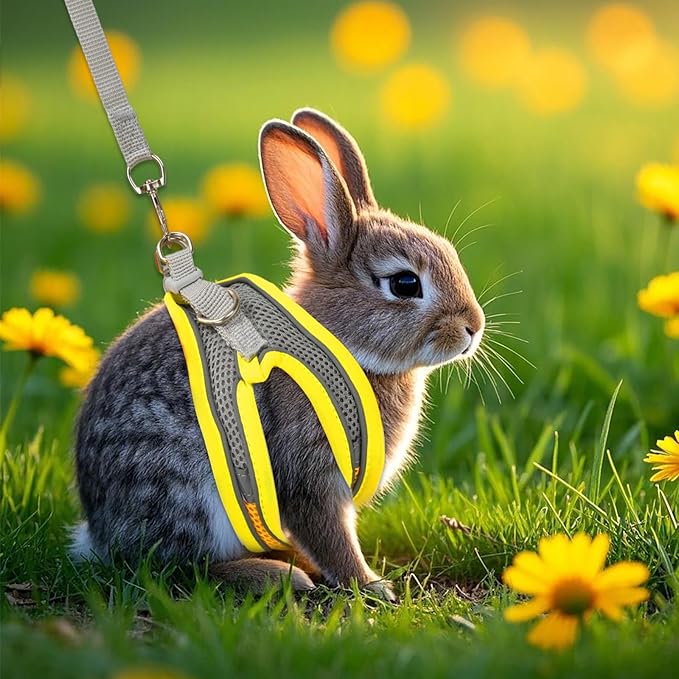 PETKNOWS 2 Pack Rabbit Harness and Leash Set, Double Buckle Bunny Harness with Reflective Strips Soft Breathable Mesh Vest Harness for Rabbits Walks Accessories(Pink and Yellow)
