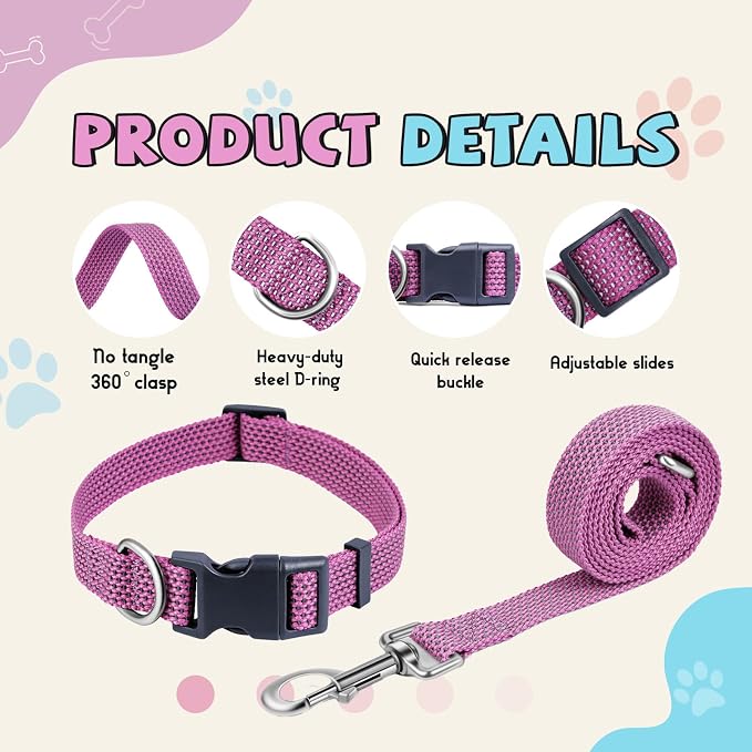 Reflective Dog Collar and Leash Set, Nylon Dog Leash with Heavy-Duty Steel D-Ring, Adjustable with Quick Release Buckle for Small Dogs, Purple S