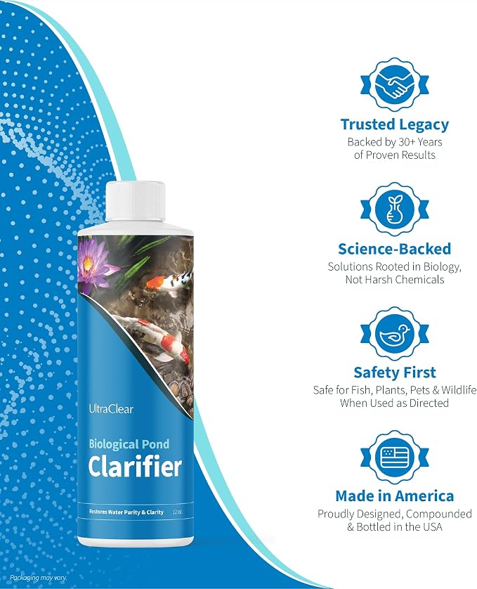 Pond Clarifier for Outdoor Ponds - Treats up to 30,000 Gallons - Concentrated Live Beneficial Bacteria - Clears Cloudy Pond Water - Safe for Fish, Plants, Pets and People