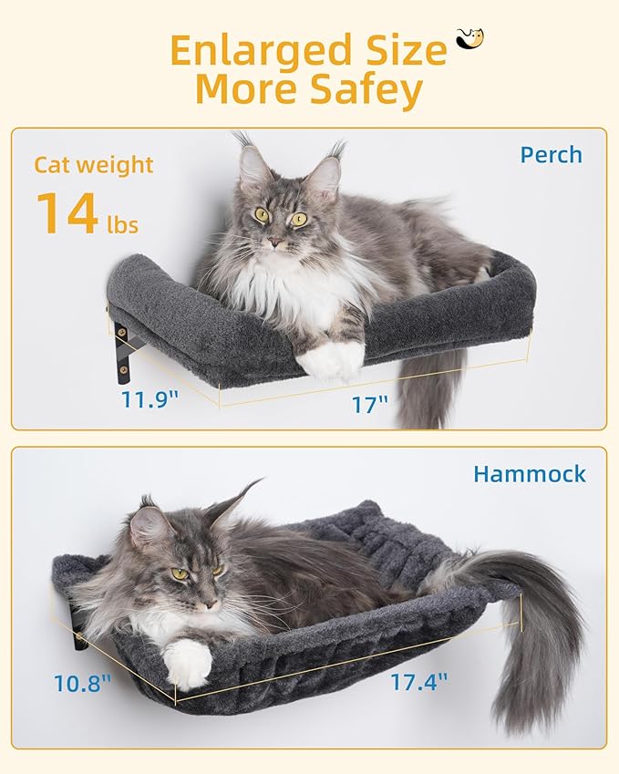 Aechonow Heavy Duty Cat Wall Shelves for Indoor Cats Large Adult, 17'' Large Hammock and Perch Bed for Wall, 5-in-1 Wall-Mounted Cat Climbing Set for Multi-Room Use