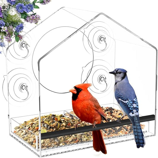 Window Bird Feeder with 4 Extra Strong 2.36'' Suction Cups - 4.35' Extra Deep Removable Tray for Large Capacity, Clear Birdhouse for Outside Viewing, Gift for Cardinals, Finches & Bluebirds