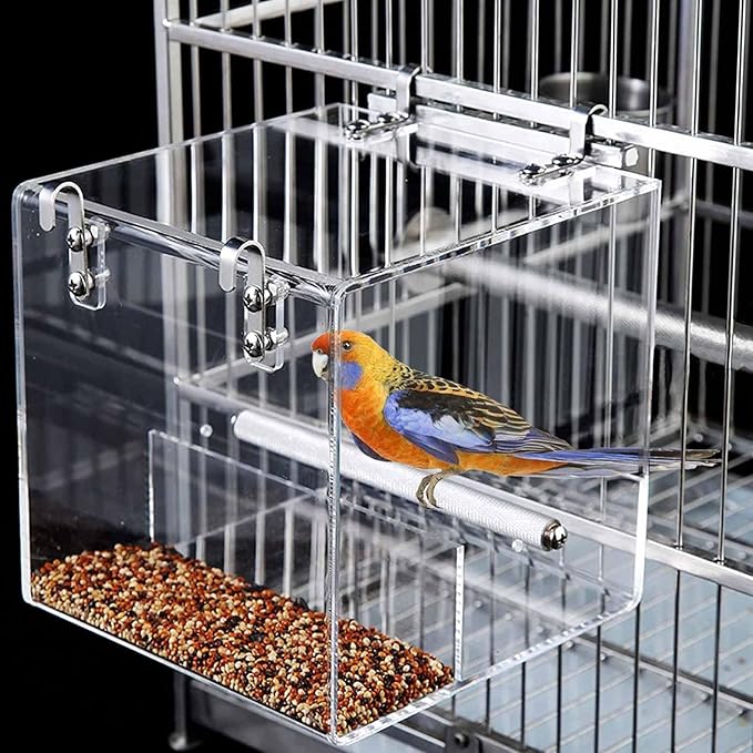 Automatic Bird Feeder for Cage, Automatic Acrylic Bird Feeder No Mess Bird Cage for Small Bird Parrots Canary Parakeet Budgerigar Crested Myna Cockatiel (Small)