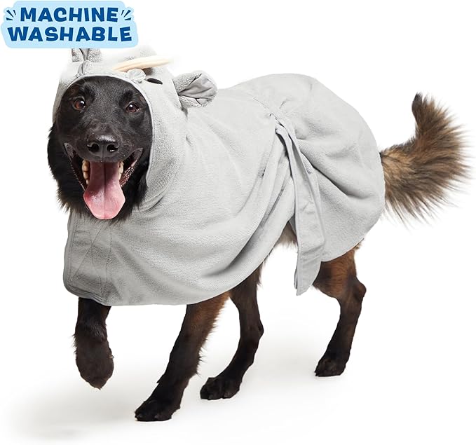 Barkbox Dog Bathrobe Fast Drying with Hook and Loop Closure & Wrap Tie Snuggle, Cute Dogs Clothes, Easy to Clean, Machine Washable, Dog Coats and Tumble Dry Low - Rhino, Large