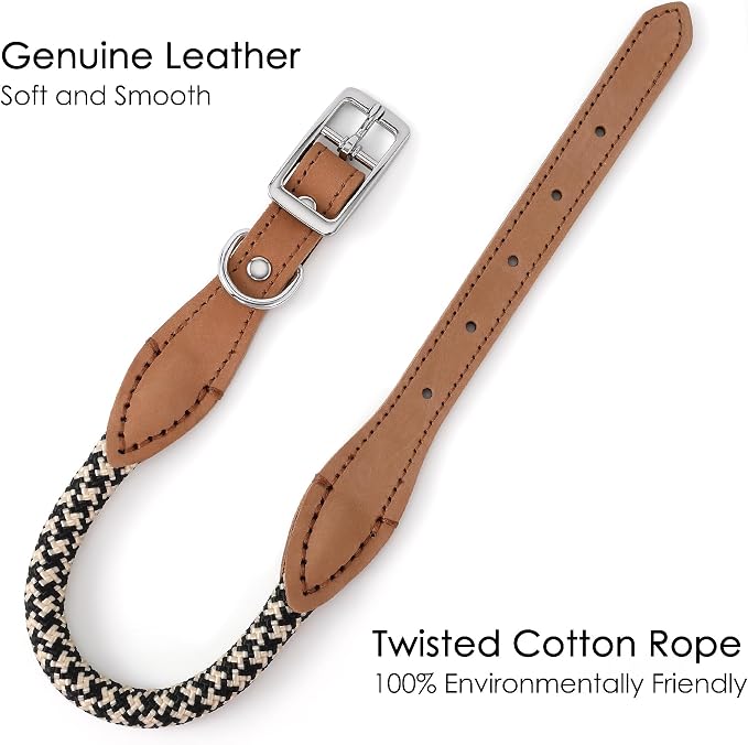Mile High Life Genuine Leather Dog Collar, Durable Braided Cotton Rope Collar with Metal Pin Buckle for Small Medium Large Dogs (Black Khaki, M Neck 15"-18")