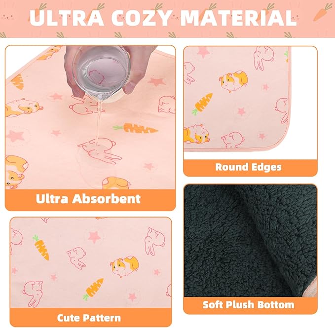 Homimp 4 Pack Guinea Pig Cage Liners, Washable Small Animal Bedding, Waterproof Reusable & Anti Slip Guinea Pig Pee Pad Fast and Super Absorbent Mat for Small Animal Rabbit Bunny Hamster, Pink 12"x12"
