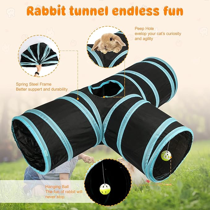 BWOGUE Bunny Tunnels & Tubes Collapsible 3 Way Bunnys Hideout Small Animal Activity Tunnel Toys for Dwarf Rabbits Guinea Pigs Kitty
