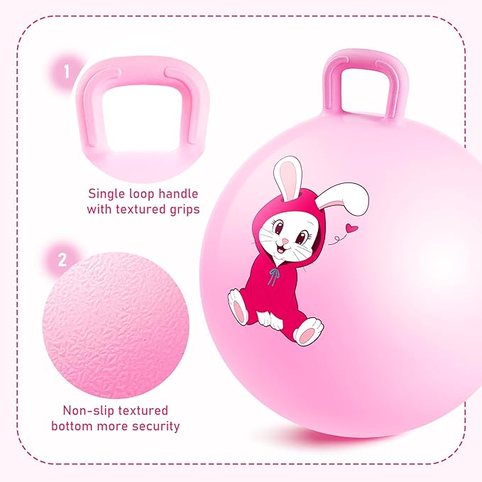 Hopper Ball, Pink Bunny Hopping Toys for Kids, 18 Inch Bouncy Ball with Handle, Indoor Outdoor Inflatable Hoppity Hop Toys for Girls Boys Gift with Pump