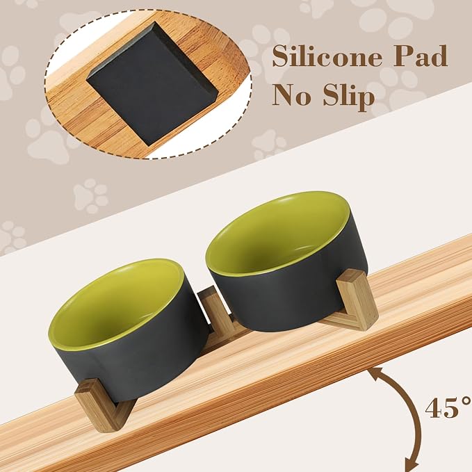 Ceramic Dog and Cat Bowl Set with Wooden Stand Matte Glaze Elevated Food Water Set Anti-Tip Non-Slip Weighted for Cats Small Breed Dogs-Green-13.3OZ