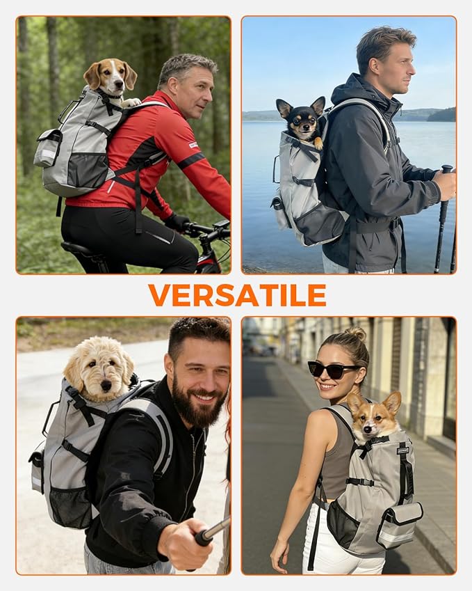 Dog Backpack Carrier for Small Dogs - 4-Layer Protection, Under 24 lb, Waterproof, Adjustable Dog Hiking Backpack with Storage Pockets, Reflective Strips, Non-Slip Handle for Travel - Grey