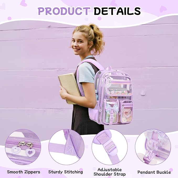 MOONBABY Clear Backpack for Girls, Clear Bookbag Heavy Duty Transparent Backpack for Stadium Events, See Through Back Pack for Kindergarten Elementary Middle High School, Purple