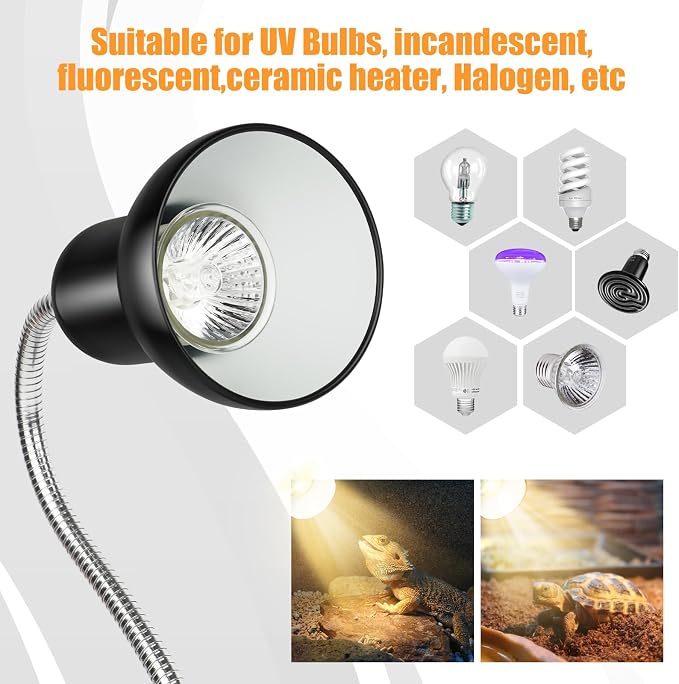 Reptile Heat Lamp UVA/UVB Light with Stepless Dimming, 360 Rotatable Gooseneck Clip-On Heating Lamp for Turtle Tank Bearded Dragon Snake Lizard Tortoise Hermit Crab Includes 25W and 50W Bulbs (Large)