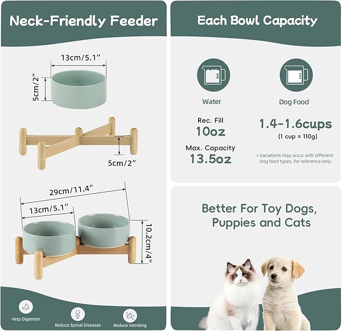 Havniva Ceramic 5.1inch Raised Double Bowls Set with Wooden Stand, Elevated Food & Water Bowls for Small Breed Dogs, Cats, Kitty, Weighted Dog Dishes, Pet Bowls(13.5oz, Light Green)