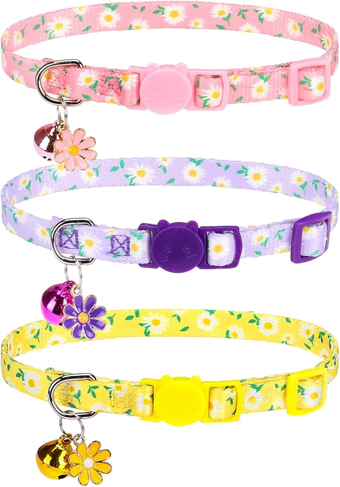 Breakaway Cat Collars with Bell & Cute Pendants, 3 Pack Safety Buckle Kitten Collars, Adjustable Pet Collar Ideal for Girl Boy Cats Puppy (Daisy Pattern)
