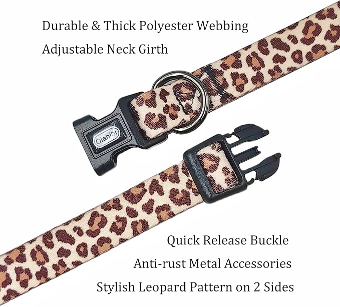 Dog Collar Leash Set, Leopard Pattern, Polyester Material, Adjustable Collar and 5ft Matching Leash, for Medium Dogs.(M, Light Coffee Leopard)