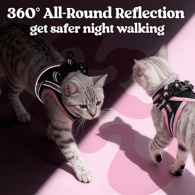 rabbitgoo Cat Harness and Leash Set for Walking Escape Proof, Adjustable Soft Kittens Vest with Reflective Strip for Cats, Comfortable Outdoor Vest, Black & Pink, S
