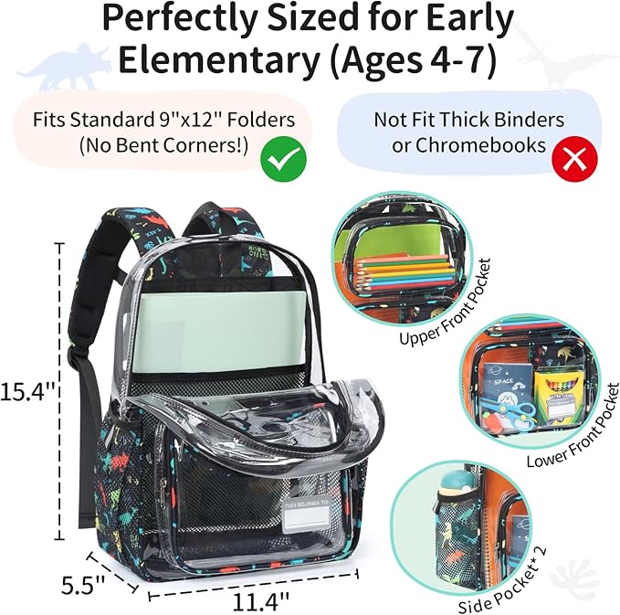 Clear Backpack for Boys, 15 Inch Heavy Duty Transparent Bookbag for Kindergarten to 2nd Grade, PVC See Through Daypack with Reflective Straps, Fits Standard Folders, Black Dinosaur