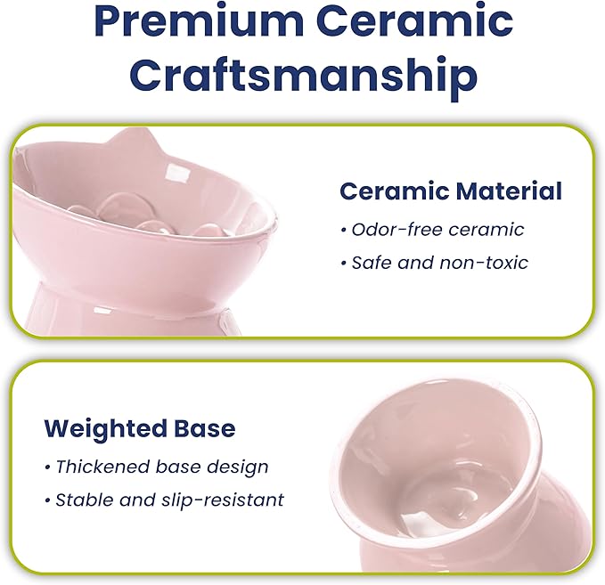 PawsPik Lynx Ceramic Raised Slow Feeder Dog & Cat Bowl, Tilted 15° Elevated Pet Food Bowl, Whisker-Friendly Anti-Choking Dish, Dishwasher Safe (Quartz Pink)