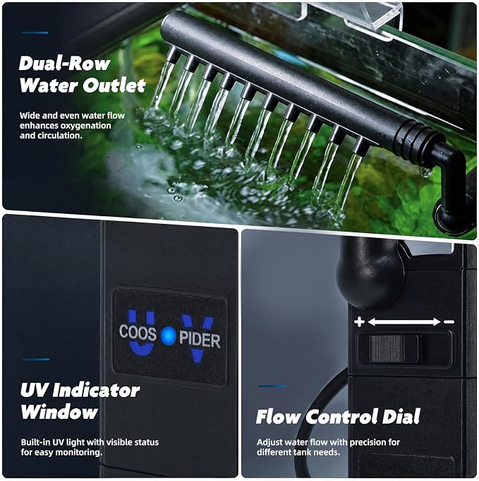TARARIUM Small Aquarium Filter U-V for 10-30 Gallon Tank,118GPH Fish Tank Filters for Betta Fish Tank Green Clean Machine, Internal Pump Filter for Turtle Tank Saltwater Freshwater Crystal Clear | Adjustable flow rate