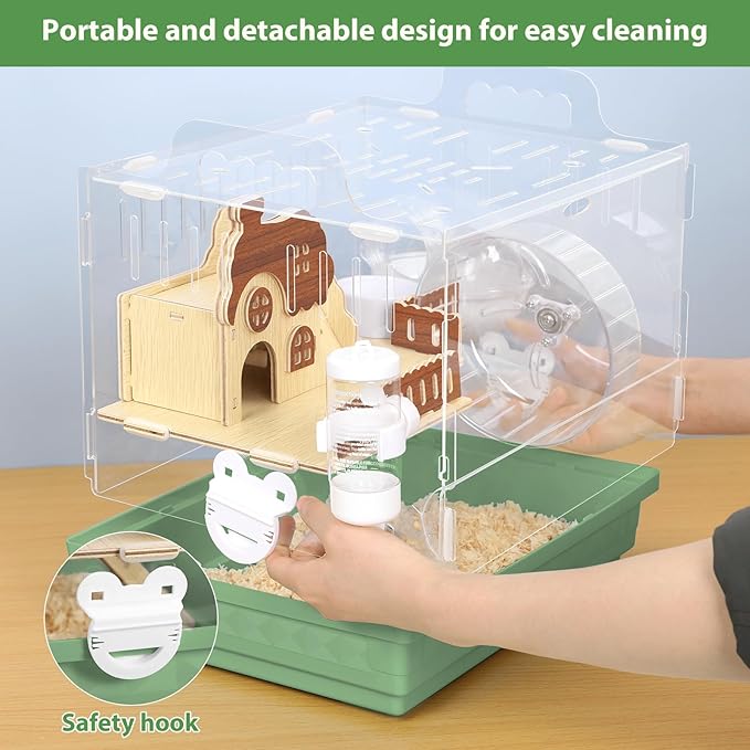 Acrylic Hamster Cage 2-Tier Dwarf Hamster Cage Small Hamster Habitats with Accessories Kit, Clear Hamster Enclosure for Gerbils Syrian Hamster, Green Pet Mice House, 13.3" L x 10.2" W x 12.4" H