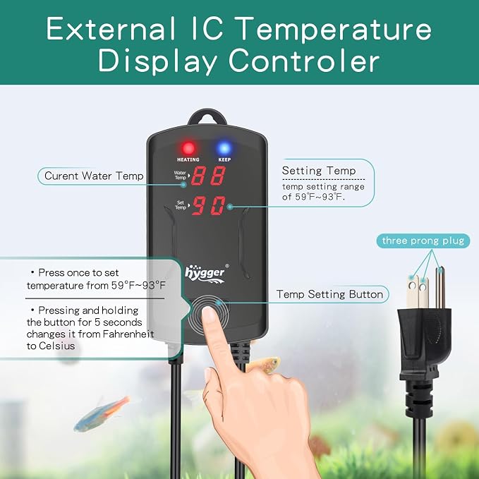 hygger 10-25 Gallon Aquarium Heater with LED Display Controller, Quartz Submersible Fish Tank Heater 100W for Saltwater Freshwater