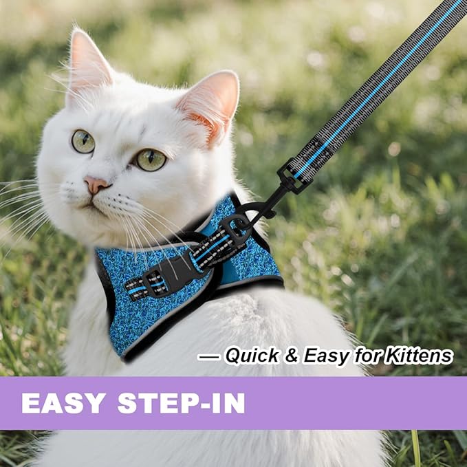 Cat Harness and Leash Set,Escape Proof Kitten Harness,Step in Adjustable Soft Lightweight,Easy Control,Reflective Strips Comfortable for Walking Travel(Blue/Black,XXXS)