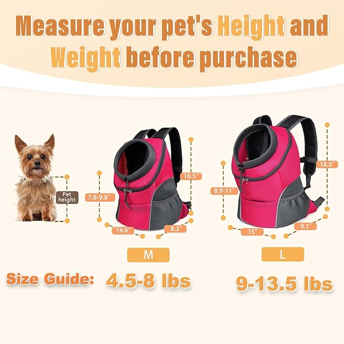 YUDODO 9-14lbs Dog Front Carrier Backpack, Adjustable Breathable Pet Carrier for Small Dogs, Ventilated Puppy Back Pack with Safety Belt, Lightweight Doggy Backpack for Hiking Outdoor (Rose, L)