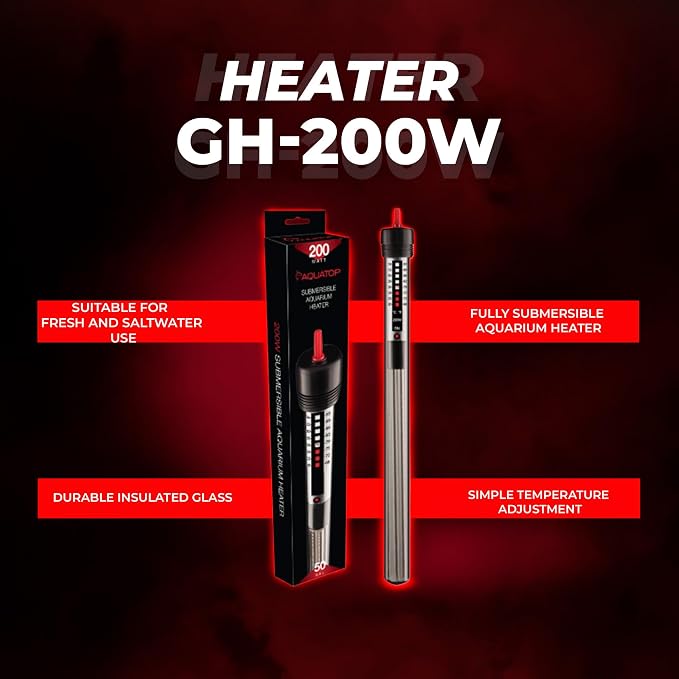 Aquatop 200W Submersible Aquarium Glass Heater – Adjustable Temperature for Tanks Up to 50 Gallons, Freshwater & Saltwater Use, GH-200