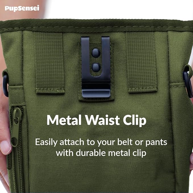 Dog Treat Pouch for Training – Magnetic Dog Treat Bag with Belt Clip & Poop Bag Dispenser – Hands Free Carry Pouch with Auto-Close Access & Shoulder Strap – Durable Pet Gear – Army Green
