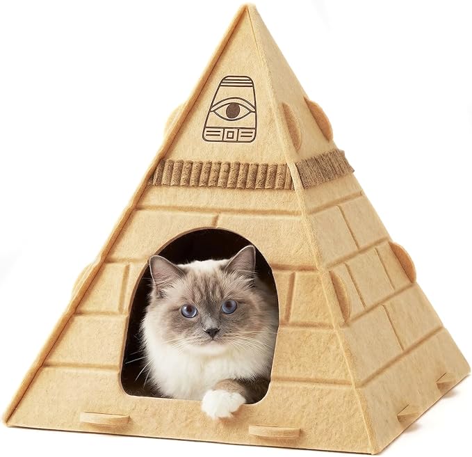 Cat House for Indoor Cats, Scratch-Resistant Cat Cave, Felt Cat Hideaway with Pharaoh Headdress, 17x17x20